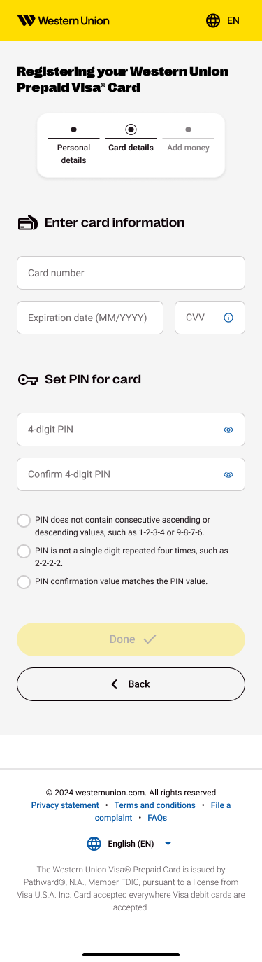 Updated mobile card details and PIN setup screen